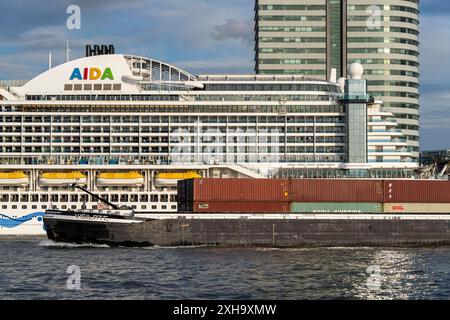 Kreuzfahrtschiff Aida Prima am Cruise terminal von Rotterdam, Kop van Zuid, Hochhäuser an der Wilhelminakade, Niederlande Skyline Rotterdam *** bateau de croisière Aida Prima au terminal de croisière de Rotterdam, Kop van Zuid, gratte-ciel à Wilhelminakade, pays-Bas Skyline Rotterdam Banque D'Images