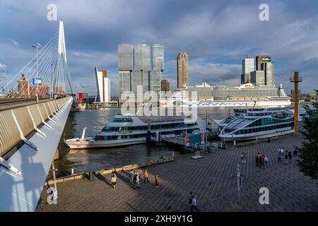 Rotterdam, Skyline an der Nieuwe Maas, Erasmus Brücke, Hochhäuser am Kop van Zuid Stadtteil, Kreuzfahrtschiff Aida Prima am Cruise terminal, Spido Rundfahrtschiffe, Niederlande Skyline Rotterdam *** Rotterdam, Skyline at the Nieuwe Maas, pont Erasmus, gratte-ciel du quartier Kop van Zuid, bateau de croisière Aida Prima au Cruise terminal, navires de croisière Spido, Netherlands Skyline Rotterdam Banque D'Images