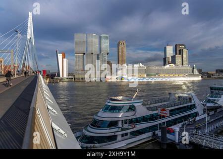 Rotterdam, Skyline an der Nieuwe Maas, Erasmus Brücke, Hochhäuser am Kop van Zuid Stadtteil, Kreuzfahrtschiff Aida Prima am Cruise terminal, Spido Rundfahrtschiffe, Niederlande Skyline Rotterdam *** Rotterdam, Skyline at the Nieuwe Maas, pont Erasmus, gratte-ciel du quartier Kop van Zuid, bateau de croisière Aida Prima au Cruise terminal, navires de croisière Spido, Netherlands Skyline Rotterdam Banque D'Images