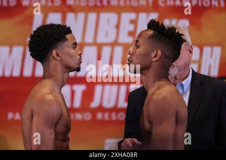 12 juillet 2024 : Jonathan Lopez et Leonardo Padilla s'affrontent lors de pesées avant leur combat contre les poids plume le 13 juillet au Pearl concert Theater au Palms Casino Resort à Las Vegas le 12 juillet 2024 à Las Vegas, Nevada. Christopher Trim/CSM. Banque D'Images