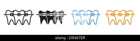 Dents avec des accolades icône symbole vectoriel ou collection d'ensemble de signes dans un contour noir et blanc Illustration de Vecteur