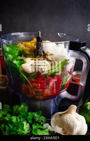 Salsa ingrédients dans un robot culinaire avant de mélanger : oignons hachés, gousses d'ail et coriandre avec des piments verts en conserve, des tomates et des épices Banque D'Images