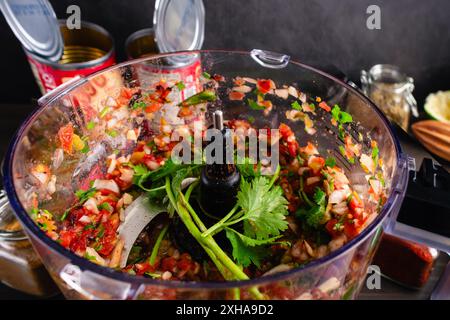 Chunky Salsa dans un robot culinaire avec brins de coriandre non mélangés : salsa fraîchement préparée dans un bol de robot culinaire entouré d'ingrédients Banque D'Images