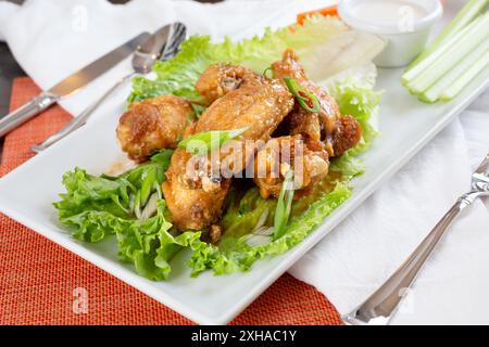 Vue sur les ailes de poulet épicées coréennes. Banque D'Images