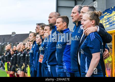 Sint Truiden, Belgique. 12 juillet 2024. Personnel Belgique avant un match de football entre les équipes nationales féminines de Belgique, appelé les Red Flames et le Danemark lors de la cinquième journée dans le Groupe A2 dans la phase de la ligue des qualifications européennes féminines de l'UEFA 2023-24, le vendredi 12 juillet 2024 à Sint-Truiden, Belgique . Crédit : Sportpix/Alamy Live News Banque D'Images