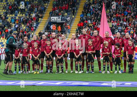 Sint Truiden, Belgique. 12 juillet 2024. Équipe Belgique avant un match de football entre les équipes nationales féminines de Belgique, a appelé les Red Flames et le Danemark lors de la cinquième journée dans le Groupe A2 dans la phase de championnat de la compétition des qualifications européennes féminines de l'UEFA 2023-24, le vendredi 12 juillet 2024 à Sint-Truiden, Belgique . Crédit : Sportpix/Alamy Live News Banque D'Images