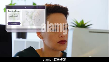 En utilisant un logiciel d'IA, femme générant une invite d'image sur l'écran d'ordinateur Banque D'Images