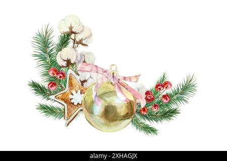 Boule d'or, jouet d'arbre de Noël, branches de sapin, brin de coton, baies, biscuits au gingembre. Illustration d'aquarelle dessinée à la main isolée sur blanc. Pour New Ye Banque D'Images