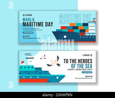 Maritime Day horizontal Banner Flat Cartoon dessins à la main modèles de fond Illustration de Vecteur