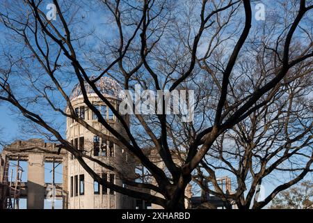 Hiroshima, Japon. 08 janvier 2010. Le dôme de la bombe atomique parmi les arbres d'hiver à Hiroshima. À l'origine, la salle commerciale préfectorale d'Hiroshima le dôme de la bombe atomique tel qu'il est maintenant connu est devenu un monument emblématique car il a été l'une des rares structures à rester debout après le bombardement atomique d'Hiroshima le 6 août 1945. Déclaré site du patrimoine mondial de l'UNESCO en décembre 1996. (Photo Damon Coulter/SOPA images/SIPA USA) crédit : Sipa USA/Alamy Live News Banque D'Images