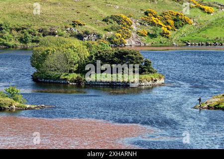 Lough Na Cranagh. crannog préhistorique, une île de défense faite par un homme, à Lough du Crannog sur les falaises de la mer de Fair Head. BallyCastle, Irlande du Nord Banque D'Images