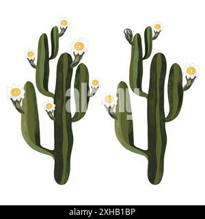 Saguaro. Cactus en fleurs avec des fleurs blanches et jaunes. Plantes pour la maison. Floriculture. Flore du désert. Illustration aquarelle isolée sur blanc Banque D'Images