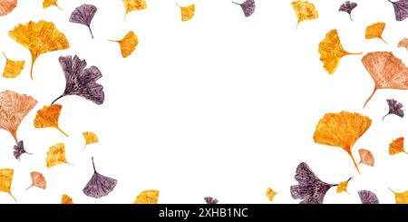 Silhouettes de feuilles de gingko violettes, orange et jaunes. Cadre horizontal de feuilles abstraites colorées volantes. Saison d'automne. Illustration aquarelle. Espace vide Banque D'Images
