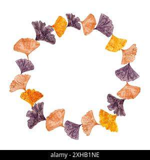 Couronne faite de feuilles d'automne colorées. Silhouettes de feuilles de gingko violettes, orange et jaunes. Feuilles d'éventail abstraites séchées. Saison d'automne. Illustration d'aquarelle Banque D'Images
