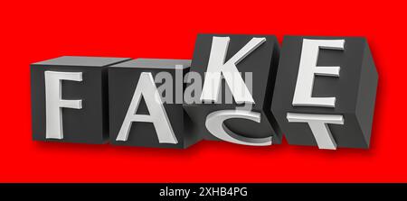 Cubes avec des lettres retournent et les mots changent de FAIT à FAUX. Isolé sur fond rouge Banque D'Images
