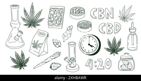 Cannabis Elements set bong, feuille de marijuana, joint et huile de cbd. Illustration vectorielle dans le style dessiné à la main de contour doodle Banque D'Images