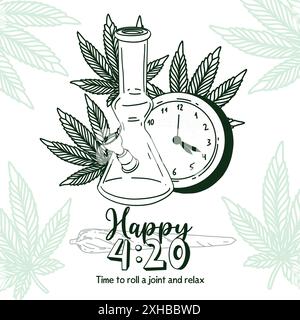 Bannière de cannabis avec horloge et heure 4:20 et bong entouré de feuilles de marijuana. Illustration vectorielle heureuse 420 dans le style dessiné à la main de contour doodle Illustration de Vecteur