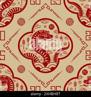 Modèle sans couture avec des éléments asiatiques sur fond de couleur pour le nouvel an chinois heureux du serpent 2025, flyers, affiche et bannière, (traduire : chinois Illustration de Vecteur