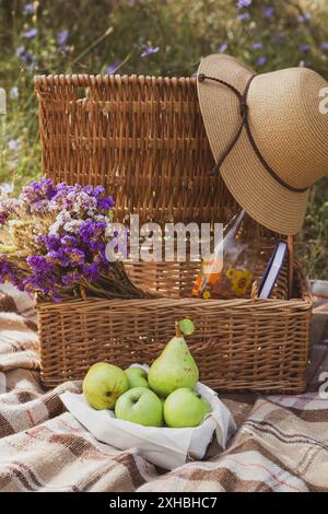 Panier pique-nique avec articles et couverture dans un pré de fin d'été Banque D'Images