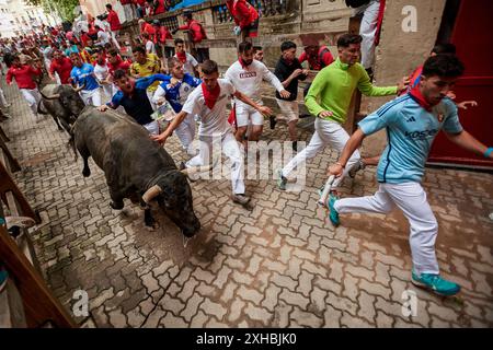 Pampelune, Espagne. 13 juillet 2024. Plusieurs jeunes hommes courent devant des taureaux pendant la course des taureaux pendant les festivités de San Fermín 2024. Crédit : SOPA images Limited/Alamy Live News Banque D'Images