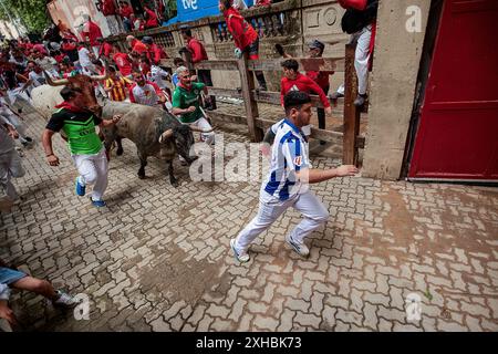 Pampelune, Espagne. 13 juillet 2024. Plusieurs jeunes hommes courent devant des taureaux pendant la course des taureaux pendant les festivités de San Fermín 2024. (Photo par Elsa A Bravo/SOPA images/SIPA USA) crédit : SIPA USA/Alamy Live News Banque D'Images