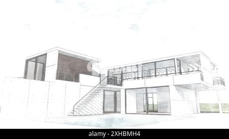 Croquis coloré de maison moderne avec verre, escaliers et piscine Banque D'Images