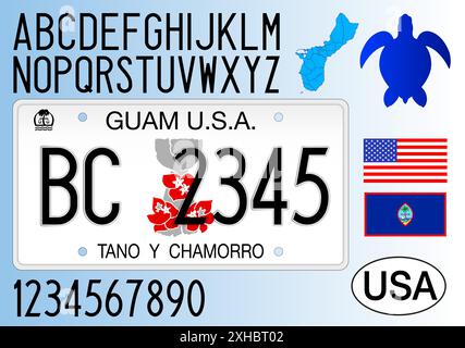 Patern de plaque d'immatriculation des îles Guam, lettres, chiffres et symboles, illustration vectorielle, GUAM, États-Unis, États-Unis Illustration de Vecteur