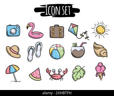 Ensemble vectoriel simple d'icônes liées au repos d'été, à la mer, aux vacances et aux vacances. Signes dessinés à la main et symboles pour la bannière Illustration de Vecteur