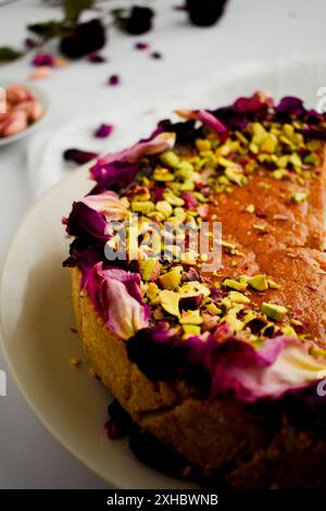 Gâteau d'amour persan décoré de pistaches écrasées et de pétales de rose séchés Banque D'Images