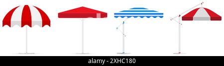 Collection de tente parapluies de plage. Pare-soleil de café, auvent du magasin, toit rayé avec bandes rouges et blanches. Illustration réaliste 3D isolée sur blanc. Banque D'Images