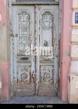 Cette image capture le charme rustique d'une paire de portes en bois vieilli, chacune ornée de ferronneries et de motifs complexes. Les portes servent de test Banque D'Images