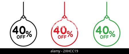 Boule de Noël avec 40 rabais icône de réduction symbole vecteur ou collection d'ensemble de signe dans le contour noir et blanc Illustration de Vecteur