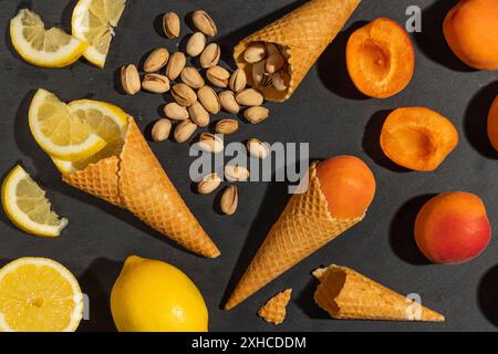 Cônes de crème glacée avec citrons, abricots et pistaches sur fond noir Banque D'Images