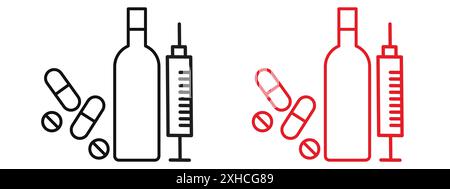 Aucun signe de drogue ou d'alcool symbole vectoriel ou ensemble de signes collection dans un contour noir et blanc Illustration de Vecteur