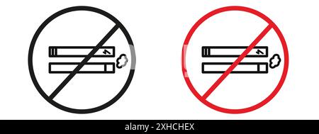 Interdiction de fumer, y compris le signe de cigarettes électroniques symbole vectoriel ou ensemble de signes collection dans le contour noir et blanc Illustration de Vecteur