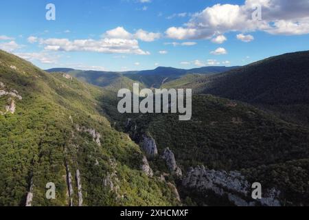 Vue aérienne d'un canyon et de l'Èbre qui le traverse dans la province de Burgos, Castilla y Leon, Espagne Banque D'Images