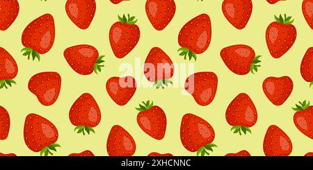 Motif sans couture de fraise. Fraise aux baies d'été à la mode avec des feuilles vertes sur fond vert pistache. Style plat dessiné à la main pour les impressions textiles papier peint de conception de cartes illustration vectorielle Illustration de Vecteur