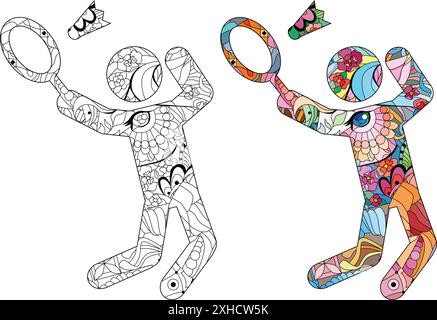 Dessin artistique peint à la main. Illustration dessinée à la main icône Badminton jeu pour la coloration, pour t-shirt et autre décoration. Ensemble de couleurs et contours Illustration de Vecteur