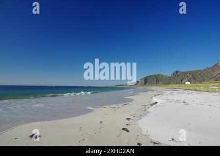 Belle plage avec ciel bleu clair, vagues douces et montagnes en arrière-plan, Bleik, Vesteralen, Langoya, Nordland, Norvège Banque D'Images