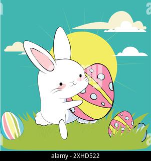 Joyeuses Pâques, carte de pâques décorée, bannière. Lapins, œufs de Pâques, fleurs et panier. Motif folk. . Illustration vectorielle Illustration de Vecteur