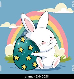 Joyeuses Pâques, carte de pâques décorée, bannière. Lapins, œufs de Pâques, fleurs et panier. Motif folk. . Illustration vectorielle Illustration de Vecteur