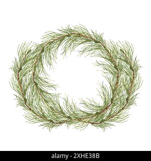 Couronne de Noël faite de délicates aiguilles de pin vert. Illustration d'aquarelle dessinée à la main isolée sur fond blanc. Copier l'espace naturel circulaire Banque D'Images