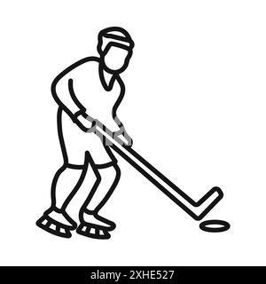 Joueur de hockey avec bâton et une rondelle icône symbole vectoriel ou collection de signes dans un contour noir et blanc Illustration de Vecteur