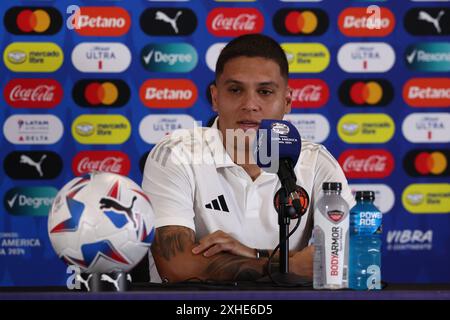 Le milieu de terrain colombien Juan Fernando Quintero lors d'une séance d'entraînement avant le match contre l'Argentine pour la finale de Copa America USA 2024, à la Florida International University (FIU), Miami, le 13 juillet 2024. Banque D'Images