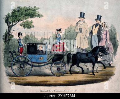 Charles S. Stratton, le célèbre nain connu sous le nom de général Tom Thumb, monte dans sa calèche tirée par un poney, avec un entourage de quatre personnages, dans un cadre de parc, vers les années 1800 Une lithographie représentant les voyages du célèbre artiste. Banque D'Images