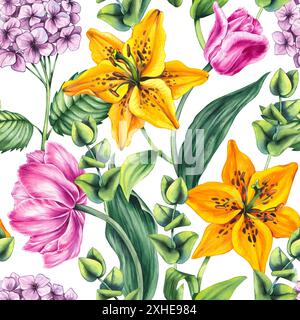 Aquarelle sans couture motif de fleurs. Motif floral aquarelle avec lis, tulipe, hortensia, eucalyptus sur fond blanc pour textile, tissu, inv Banque D'Images