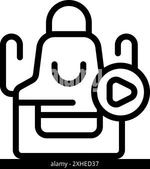 Icône d'art au trait d'un tablier avec un bouton de lecture, représentant des cours de cuisine en ligne et l'apprentissage culinaire numérique Illustration de Vecteur
