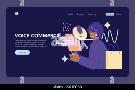 Concept de commerce vocal. Achats en ligne modernes grâce à une technologie innovante de reconnaissance vocale. Consommateur interagissant avec l'assistant numérique. Illustration vectorielle. Illustration de Vecteur