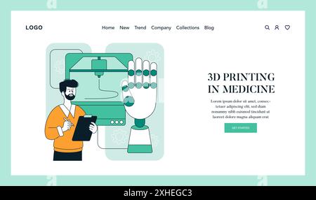 Impression 3D dans le concept de santé. Un professionnel de la santé supervise la production innovante d’une main prothétique via la technologie d’impression 3D. Illustration vectorielle. Illustration de Vecteur