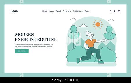 Concept de fitness senior. Une femme âgée démontre une fente dans un parc naturel encourageant le vieillissement actif. Routine santé et bien-être. Illustration vectorielle. Illustration de Vecteur